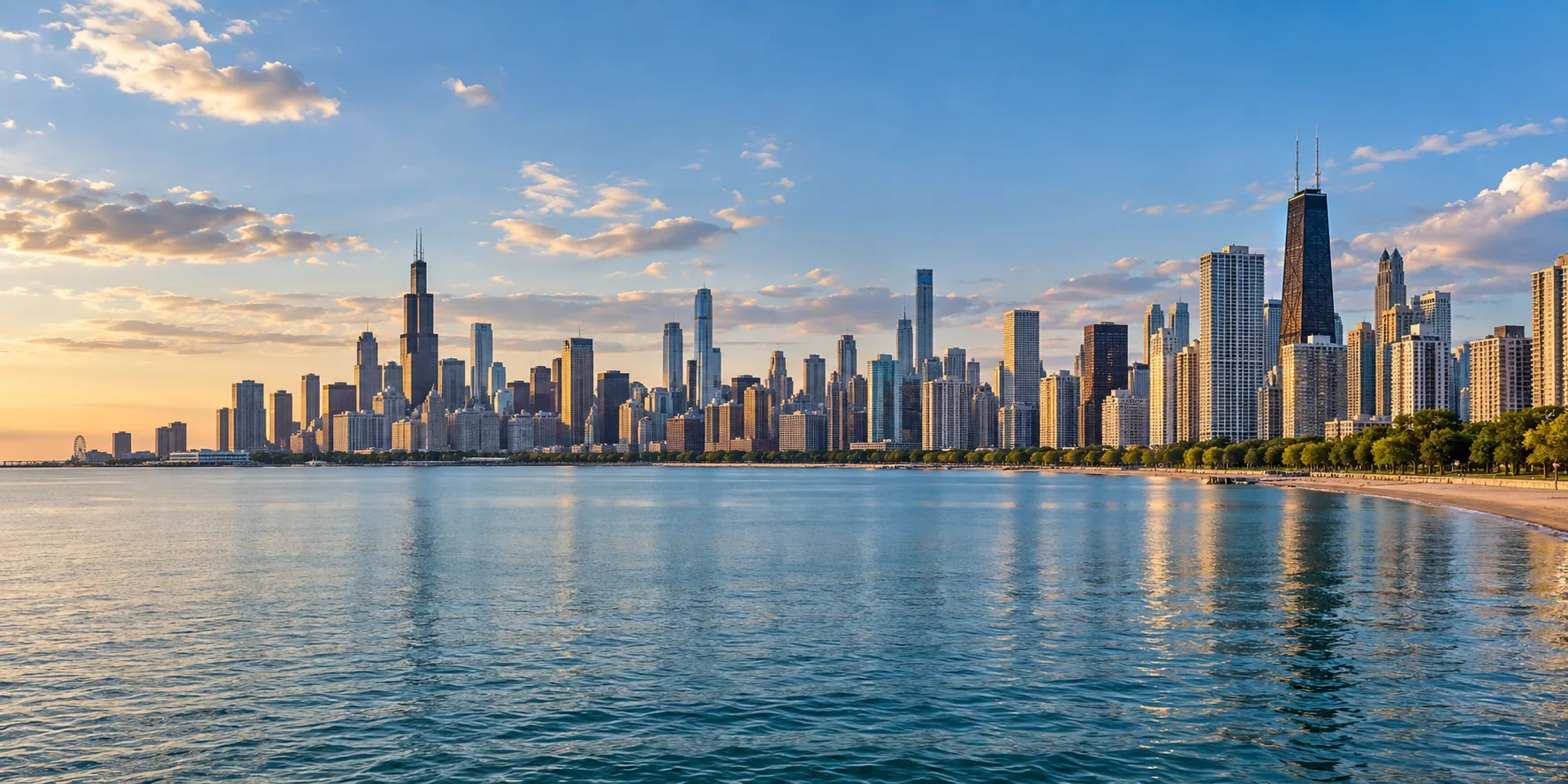 Chicago skyline across Lake Michigan at sunset