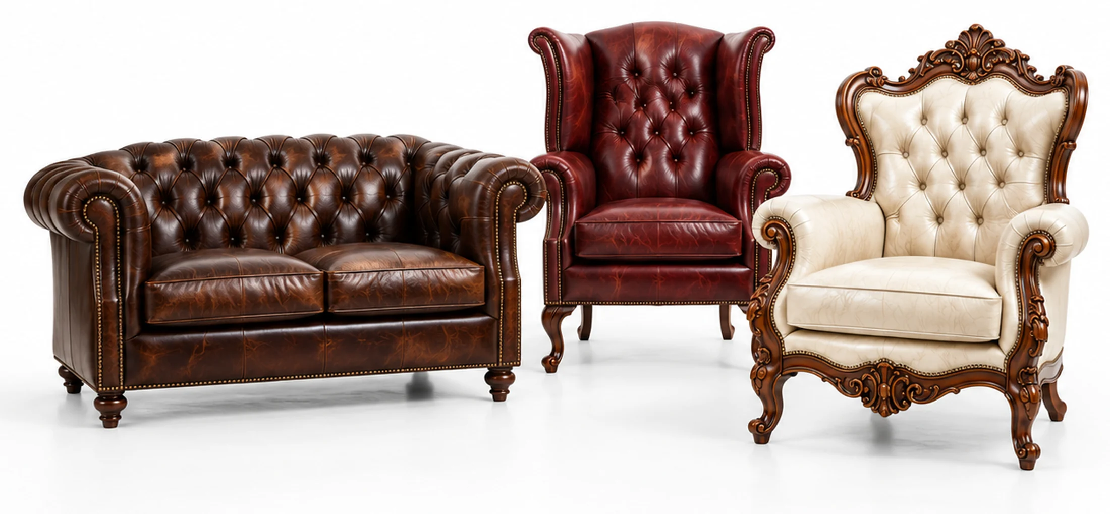 Leather furniture restoration Chicago: brown chesterfield loveseat, red wingback and carved cream armchair