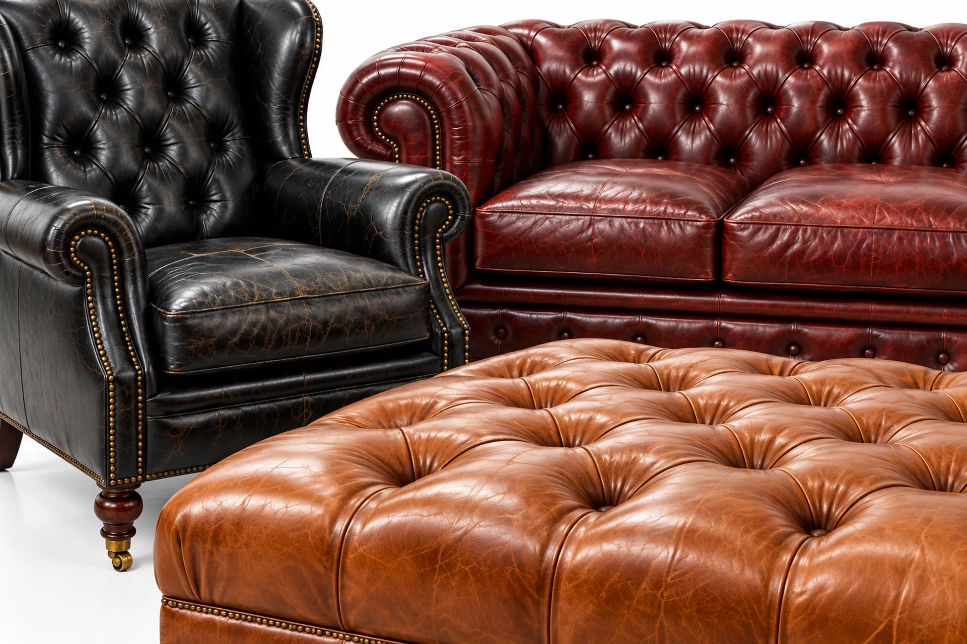 Tufted leather wingback chair, chesterfield sofa and ottoman in black, oxblood and cognac
